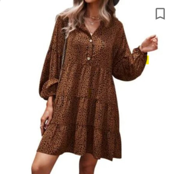 NWOT Casual Long Sleeve Loose V-Neck Swing Mini Dress - Size M - Picture 1 of 12